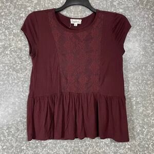 Cloud Chaser Women's Burgundy Lace Front Boho Top - Size Small - Peplum Waist